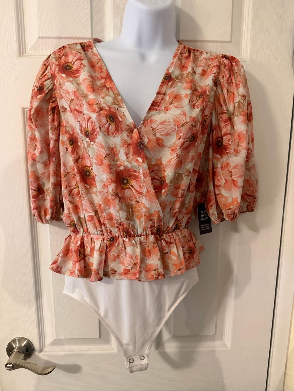 Express Coral Floral V-Neck Peplum Bodysuit